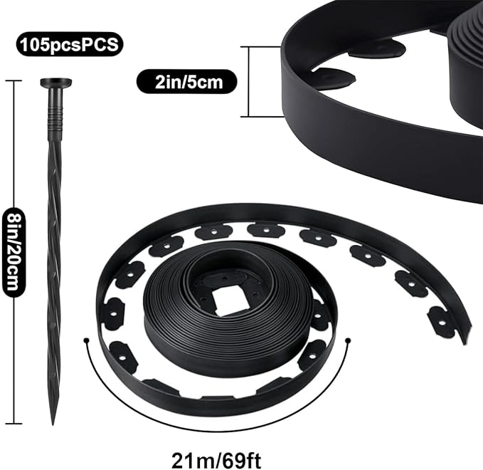 69FT Landscape Edging, 2IN Tall Garden Edging Borders with 105pcs Stakes,Flexible Lawn Edging Border Kit,Mini Plastic Fence for Yard Flowerbeds,Grass