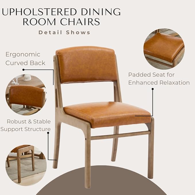 Mid Century Upholstered Dining Chairs Set of 6, Armless Farmhouse Leather Dining Chairs, Kitchen & Dining Room Chairs with Open Back, Accent Side Chairs for Living Room with Walnut Wood Frame, Brown