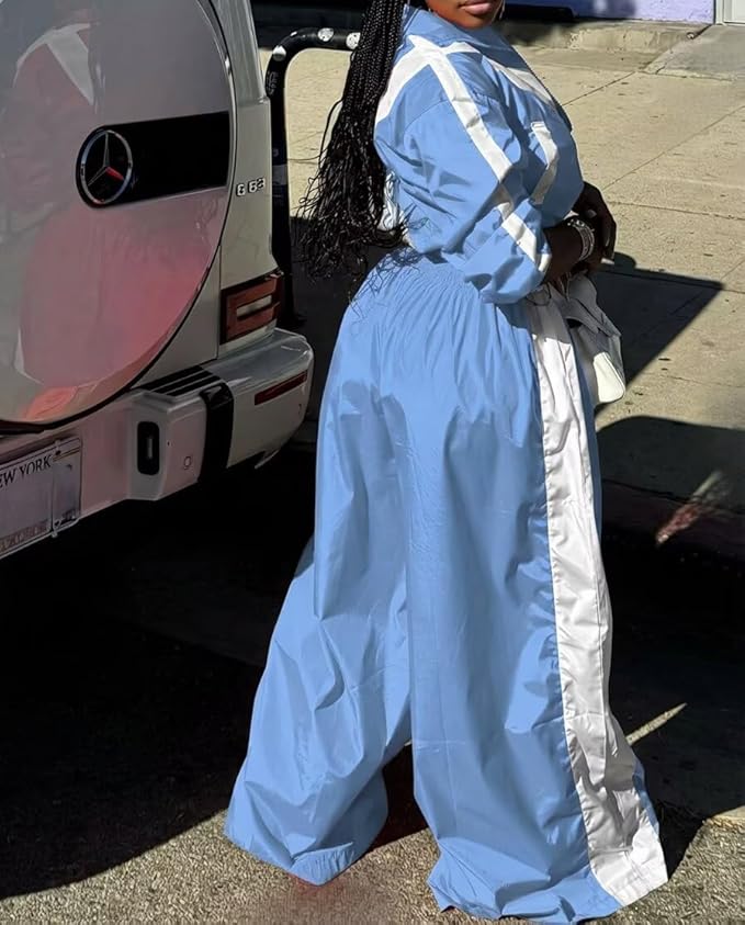 Women Striped 2 Piece Outfits Fall Workout Sets Windbreaker Tracksuit Crop Jacket Wide Leg Pants with Pockets