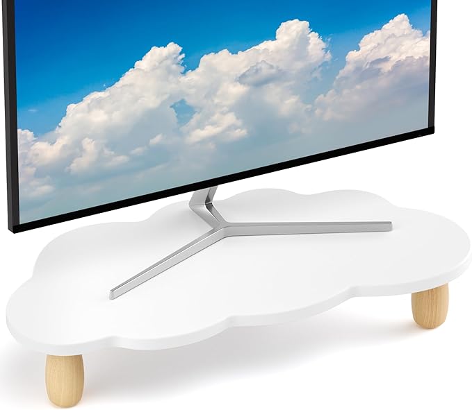 AFOOYO Monitor Stand Riser,Cloud-Shaped Sturdy Wood Computer Monitor Riser, Laptop Monitor Stand, Multi-Purpose Desktop Organizer Riser for Computer, Laptop, Printer, TV,White