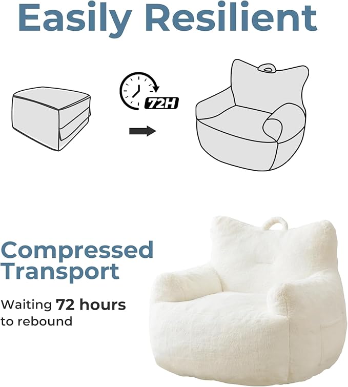 Giant Bean Bag Chair for Adults, Oversized Bean Bag with Filling Plush Fluffy,BeanBag Lazy Sofa Couch with Armrest for Living Room, Cat Shaped Beanbag Couch with Sidepocket for Bedroom,Beige