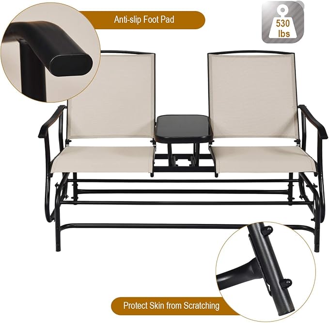 Giantex Patio Bench Glider Chair with Metal Frame, Center Tempered Glass Table, Outside Double Rocking Swing Loveseat for Porch, Garden, Poolside, Balcony, Lawn Rocker Outdoor Glider Bench(Beige)