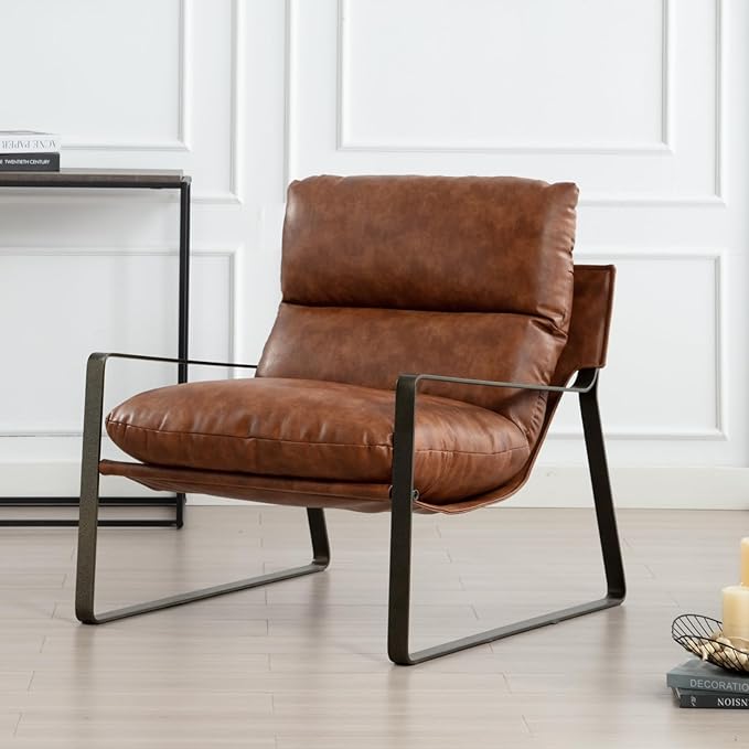 Mid-Century Accent Chair Set of 2, Comfy PU Leather Side Chair with Armrest, Upholstered Leisure Chair with Bronze Metal Frame for Living Room Reception Room, Brown