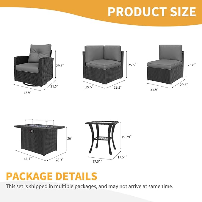 LayinSun 13 Pieces Patio Furniture Set with Fire Pit Table, Black Rattan Modular Sectional Outdoor Conversation Sofa Set, Swivel Rocking Chairs Set