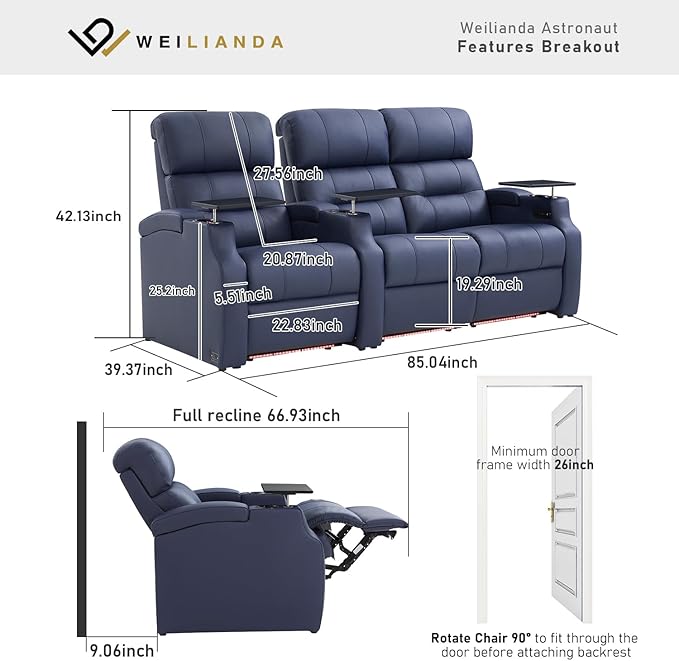 Weilianda Home Theater Seating, Top Grain Leather Sectional Seats Recliner Chair, Zero Gravity Reclining Sofa with Power Headrest 7 Colors Ambient Lighting USB C Charge Row of 3 Loveseat Right Blue