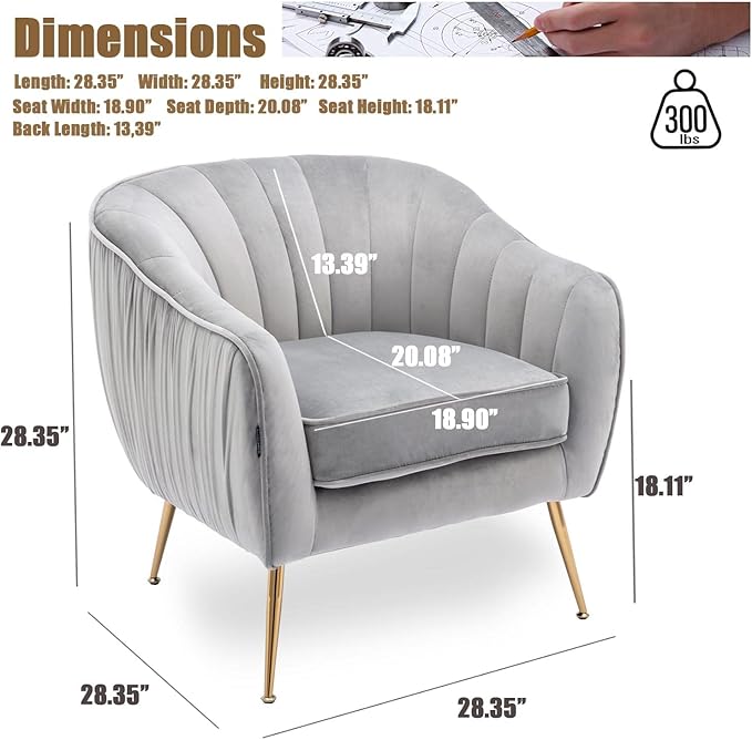 Altrobene Velvet Accent Chair, Modern Barrel Chair, Living Room Bedroom Arm Chairs, Golden Finished, Grey