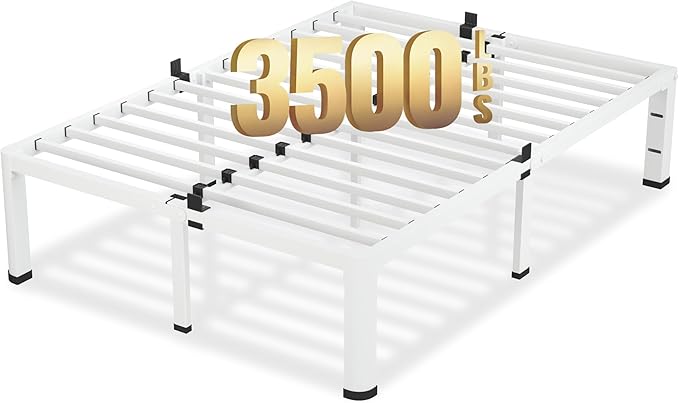 VIPSHOW 20 Inch Queen Size White Bed Frame, 3500Lbs Heavy Duty Metal Platform with Round Corner Legs Mattress Slide Stopper, Steel Slat Support No Box Spring Needed, Noise Free, Easy Assembly