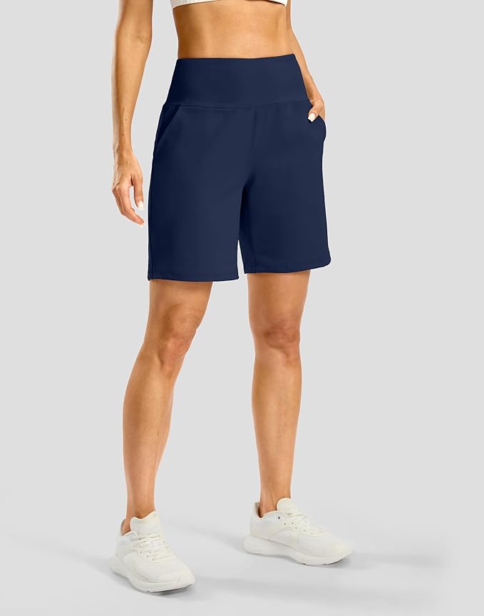 Women's Athletic Shorts with Zipper Pocket 7" High Waisted Stretchy Bermuda Shorts for Women Workout Running Casual