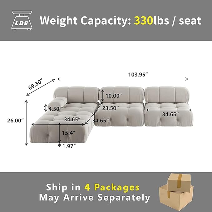 JACH L-Shaped Sectional Couch, 104'' Minimalist Velvet Floor Sofas Couches, Mid-Century Modular Sectional Sofa with Reversible Chaise Ottoman for Living Room, Apartment (3-Seat, 1 Ottoman, Beige)
