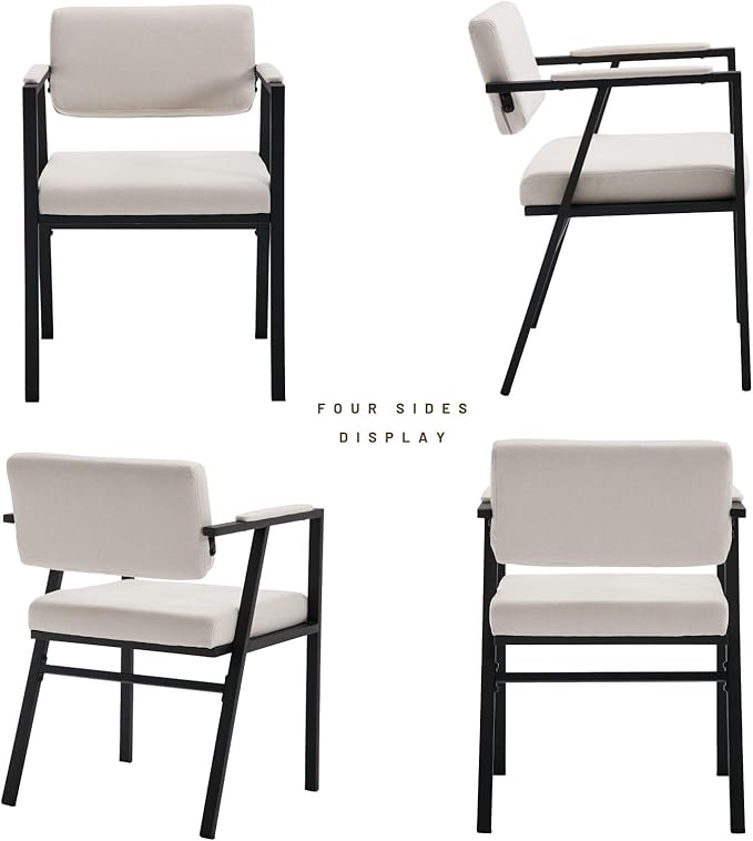 DUOMAY Modern Dining Chairs Set of 6, Linen Upholstred Side Arm Chairs Mid-Century Open Back Reception Chairs with Black Metal Legs for Kitchen Dining Room, Beige