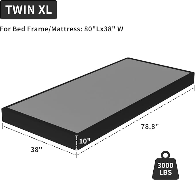 Twin XL Box Spring, 10 inch Box Spring for Twin XL Bed, Heavy Duty Metal Bed Frame with Fabric Cover, 3000lbs Max Weight Capacity Bed Base Mattress Foundation, Easy Assembly, Noise Free, Black