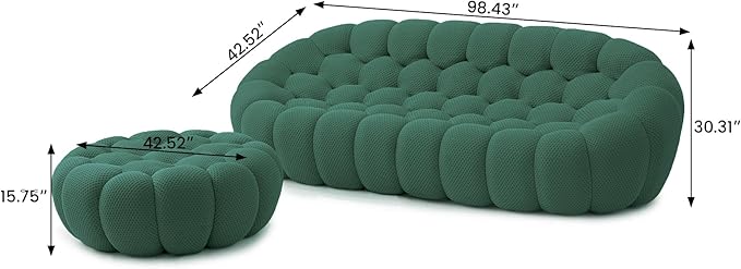 JACH Bubble Sofa with Ottoman, Curved Couch, Comfy Upholstered Sofa, Mesh Fabric 3D Honeycomb Shape Modern Couch for Living Room, Office, Apartment, Small Space (Green)