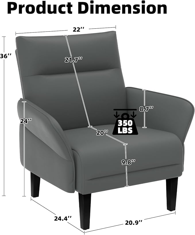2-Pack Faux Leather Accent Sofas, Slanted Shawl Armchairs with Wide Armrests & Wooden Legs, Gray Sofa Chairs Set for Living Room, Bedroom, Small Spaces