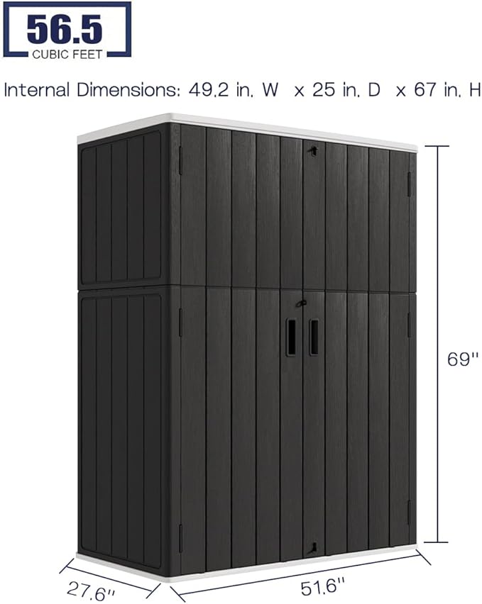 KINYING Outdoor Storage Shed,57 Cu.ft Vertical Outdoor Storage Cabinet Waterproof, Outdoor Resin Tool Shed for Patio Furniture, Garden Tools, Pool Accessories, Lawn Mower(Black Color)