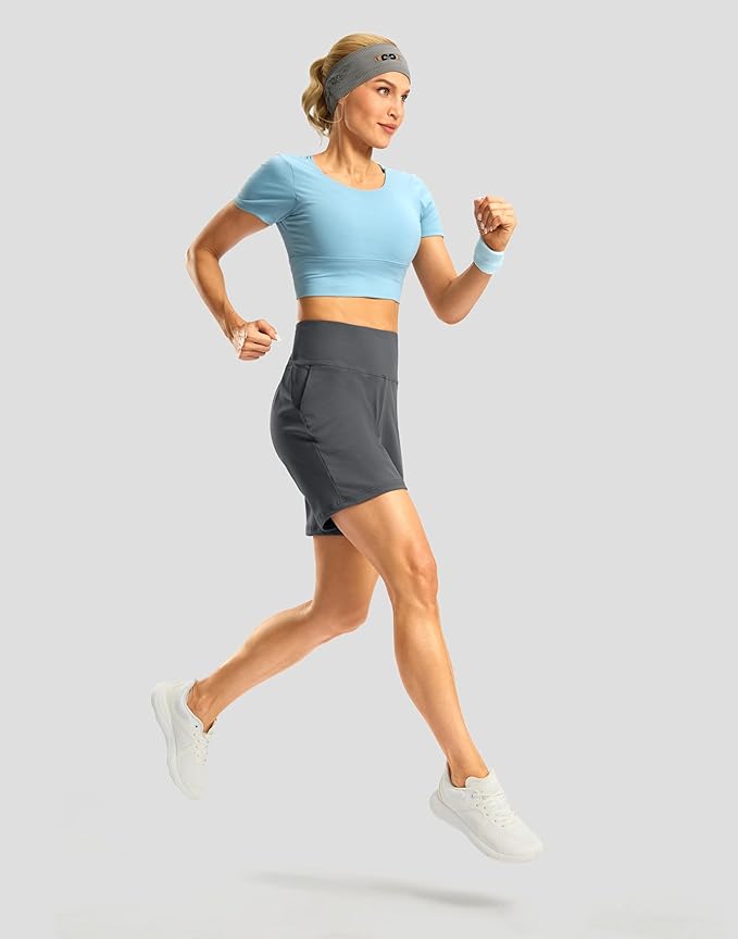 Women's Athletic Shorts with Zipper Pocket 7" High Waisted Stretchy Bermuda Shorts for Women Workout Running Casual