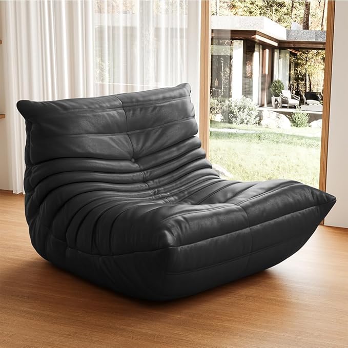 High-end Bean Bag Chair, Fireside Togo Chair with Black Faux Leather Cover, Comfy & Soft Lazy Floor Lounge Sofa for Bedroom, Living Room, Office or Lounger