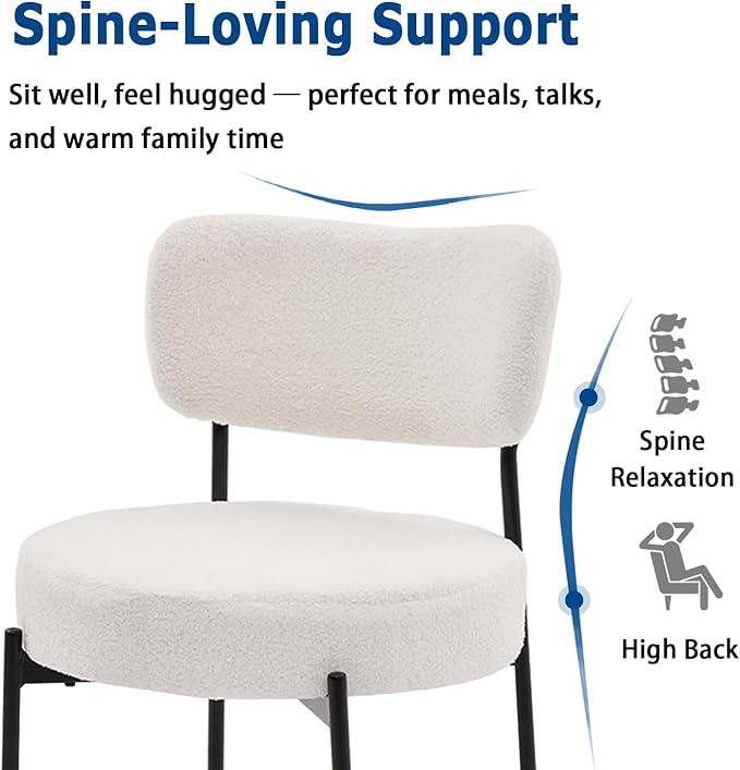 Stabrech White Boucle Dining Chairs Set of 4, Upholstered Dinner Chair with Metal Frame, Dining Room Chairs with Padded Seat, Round Modern Seating for Living Room