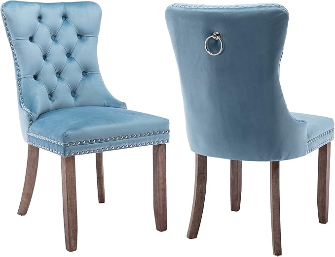YeahFurn Sky Blue Mid Century Modern Dining Chairs Set of 2, Velvet Upholstered Kitchen & Dining Room Chairs with Nailhead Trim & Solid Wood Legs, Elegant Sillas De Comedor (Sky Blue, 2 Pcs)