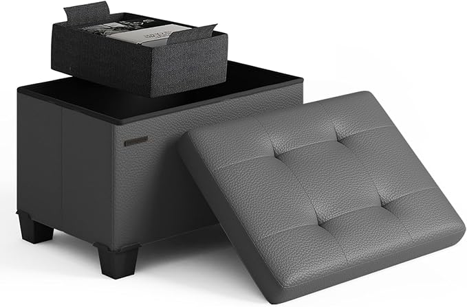 Storage Ottoman Cube with Small Bin, 16-in Square Ottoman with Storage for Living Room and Bedroom, Small Ottomans Foot Rest, Faux Leather Foot Stools Ottomans Max 330lbs, Grey