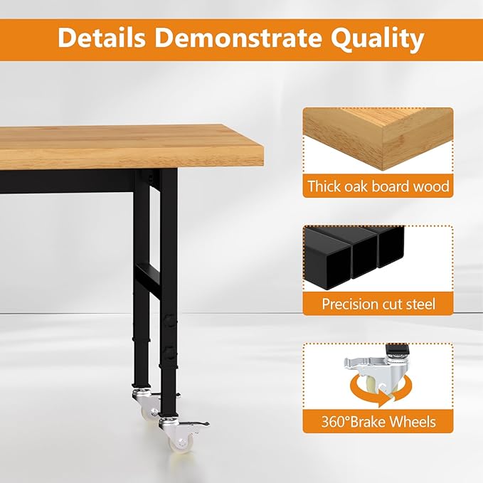 60" Heavy-Duty Solid Wood Work Bench with Wheels, Adjustable Height Workbench with Power Outlets, 2000 LBS Capacity Work Table for Garage, Workshop(60" X 24")