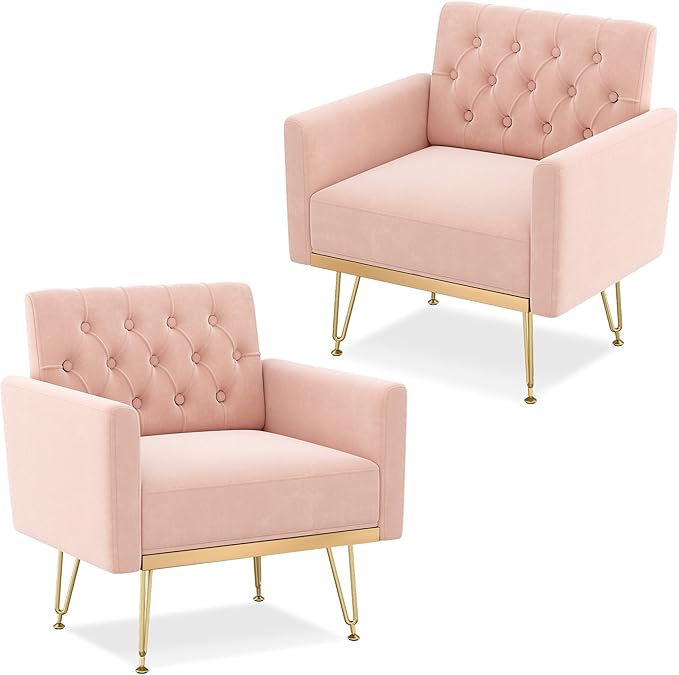 Accent Chair for Living Room, Comfy Oversized Velvet Upholstered Arm Chairs, Mid Century Modern Reading Single Sofa Side Chair with Tufted Back and Gold Legs for Bedroom (2, Pink)