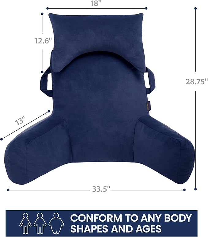Unisakey Portable Reading Pillows with Headrest for Bed Sitting Up(Royal Blue Oeko-Tex), Velvet Back Pillow with Arms & Pockets for Adults, Support Memory Foam Bed Pillow for Dorm/Watching/Gaming