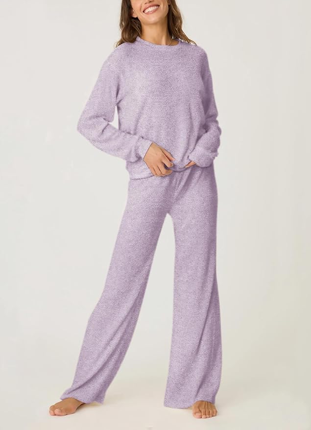 Aamikast Women's 2-Piece Lounge Set Soft Brushed Jersey Sleepwear Pajamas Set Long Sleeve Top & Wide Leg Pants