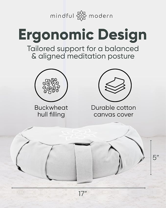 Mindful Modern Large Meditation Cushion | Zafu Yoga Bolster Meditation Floor Pillow Seat | Buckwheat Hull Filled Crescent Shaped Cushion with Removable Washable Cover + Carry Handle | White