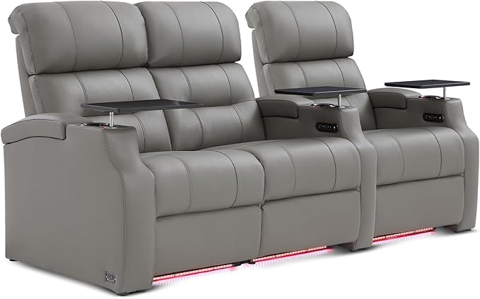 Weilianda Home Theater Seating, Top Grain Leather Sectional Seats Recliner Chair, Zero Gravity Reclining Sofa with Power Headrest 7 Colors Ambient Lighting USB C Charge Row of 3 Loveseat Left Grey
