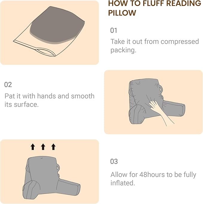Unisakey Portable Comfy Reading Pillows for Bed Sitting Up(Light Grey Oeko-Tex), Velvet Back Pillow with Arms & Pockets for Adults, Support Memory Foam Bed Pillow for Dorm/Reading/Watching/Gaming