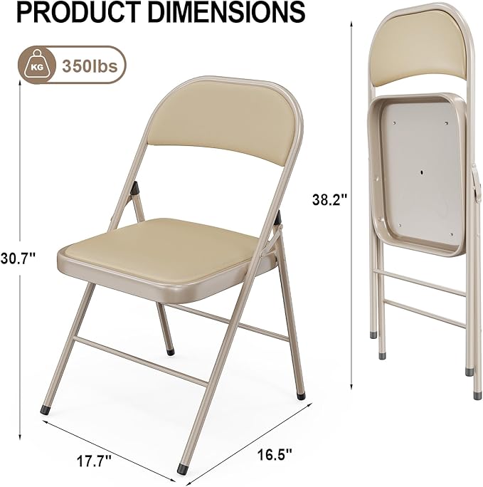 VINGLI 1 Pack Folding Chairs with Padded Seats, Metal Frame with Pu Leather Seat & Back, Capacity 350 lbs, Set of 1, Khaki