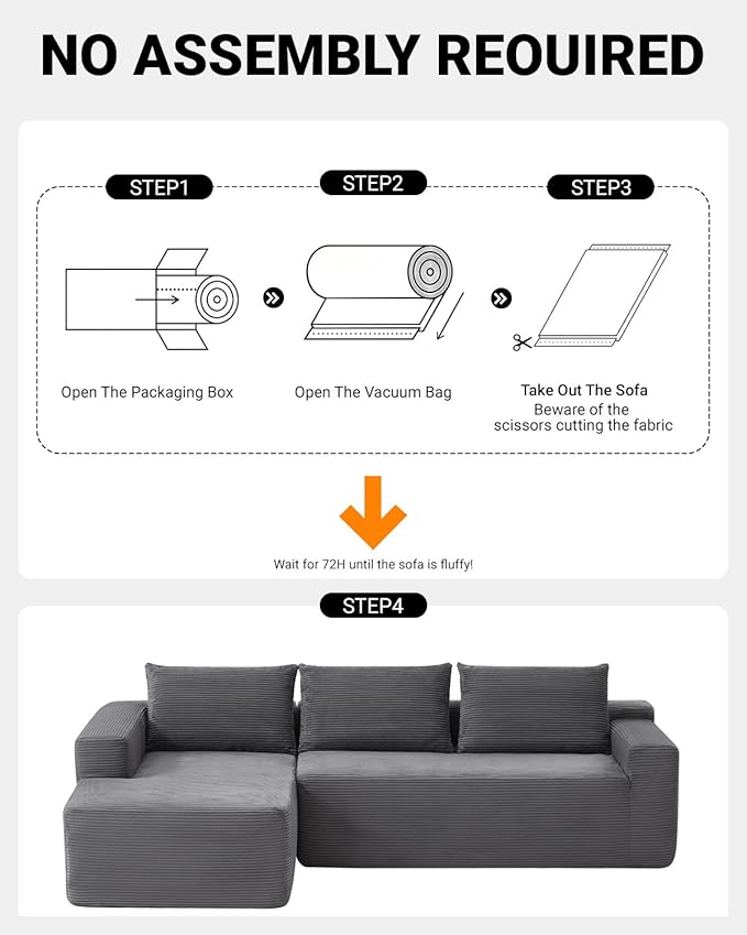 96 Inch Cloud Sectional Couch,Modern Modular Sectional Sofa with Deep Seat,Corduroy Boneless Couches with L-Shape Chaise for Living Room Bedroom,No Assembly Required (Grey, Left Facing Chaise)