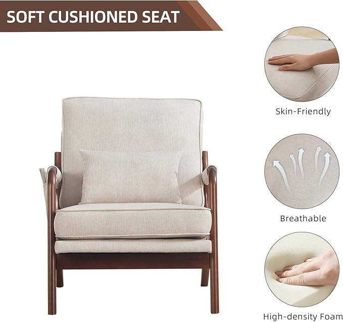 CANMOV Accent Chairs Set of 2, Mid Century Modern Chair with Extra Side Storage Pocket Upholstered Reading Armchair with Waist Cushion, Accent Chair for Living Room Bedroom, Easy Assembly, Beige