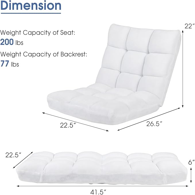 Floor Chair with Back Support, Foldling Gaming Sofa Chair with Comfy Cushion, Adjustable 14-Position Meditation Chairs, Lazy Lounge Recliner Reading Seat for Adults, Kids (White)