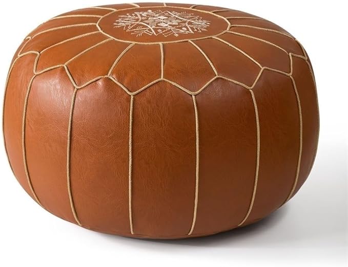 Vintage Leather Pouf Ottoman Round Meditation Cushion Floor Pouf Footrest Retro Fashion Style Floor Cushion for Living Room Heavy Duty(Orange)