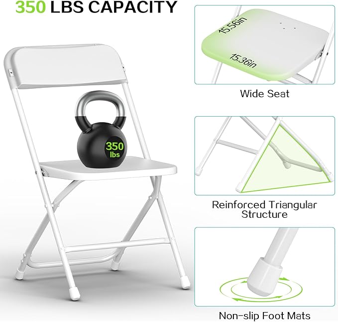 Folding Chair 10 Pack,White Folding Chairs for Indoor Outdoor,Portable Plastic Stackable Commercial Seat with Steel Frame 350lb.Capacity for Party Events Wedding Dining Picnic Office