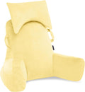 Unisakey Portable Reading Pillows with Headrest for Bed Sitting Up(Yellow Oeko-Tex), Velvet Back Pillow with Arms & Pockets for Adults, Support Memory Foam Bed Pillow for Dorm/Reading/Watching/Gaming