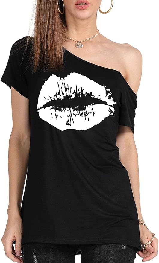 MAGICMK Women’s Short Lips Print Causal Off The Shoulder Plus Size T-Shirt Tops