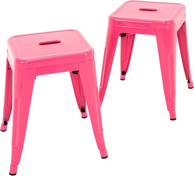Brage Living 18 Inch Industrial Metal Stools Set of 2, Stackable Classroom Stools, Backless Metal Dining Chairs for Indoor Outdoor, Kitchen Short Stools (Hot Pink)