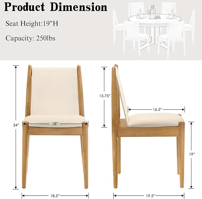 DUOMAY Upholstered Linen Beige Dining Chairs Set of 2, Wooden Armless Kitchen Chairs with Natural Legs and Sturdy Frame for Dining Room, Restaurant, Living Room