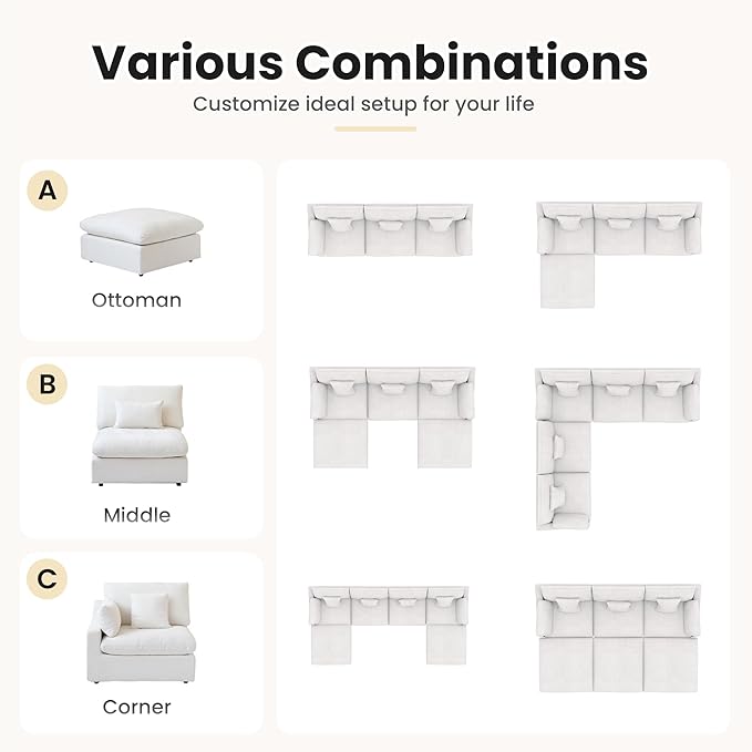 Cloud Modular Sectional Sofa Couch for Livingroom,82inch Down Filled Convertible Sectional Sofa for Living Room Set,Wide Seat LoveSofa,Covers Washable&Replaceable, White