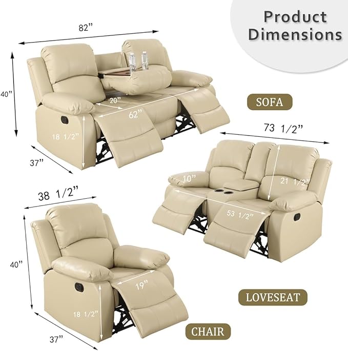 AYCP Bonded Leather Living Room Furniture Set Reclining Sofa Set Loveseat Furniture Sets in Living Room Sofa Recliners (3 Pieces, Beige)