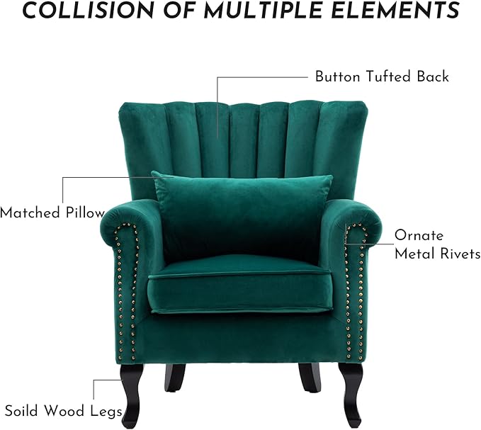 LZAREAL Accent Reading Arm Chairs Set of 2 Midcentury Modern Comfy Corner Sofa Chair, Wingback Waiting Room Club Chair with Tufted Back for Living Room/Bedroom/Reception Room, Velvet Green