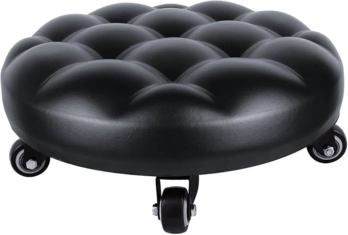 IMMER LIEBEN Rolling Stool Low to Ground Roller Seat with 5 Universal Swivel Caster Wheels for Home Office or Fitness Sport or Garage Shop PU Leather High Density Cushion and Steel Black