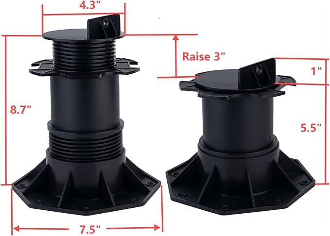 BGTLGIO 13Pack Adjustable Deck Support Pedestal Deck Foundation Base Support for Floating Deck Platform Deck Floor Height Adjustment Raising from 5.5"" to 8.7"", Black (Unilateral keel Slot 140-220)