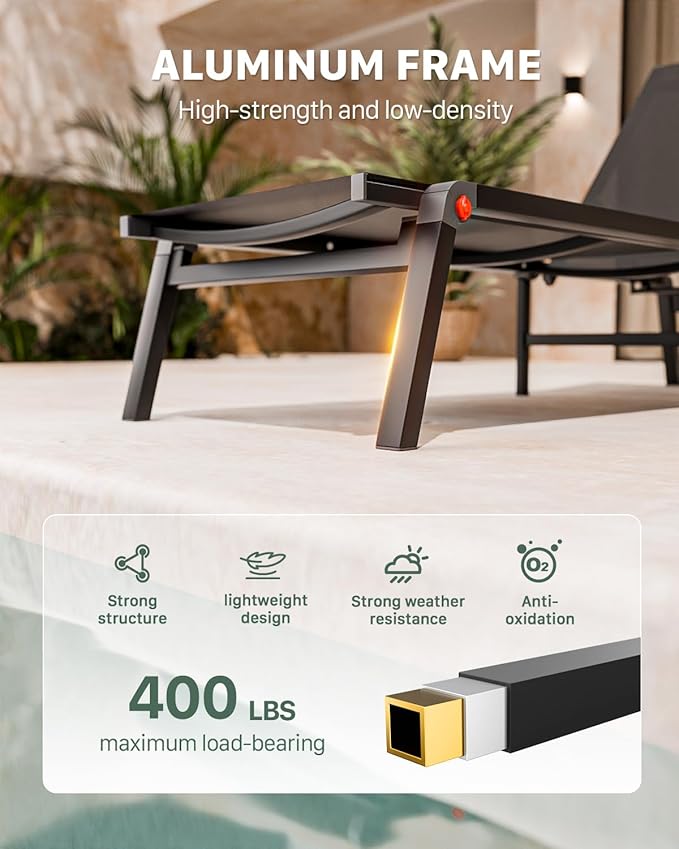 WOAJNQO Aluminum Patio Chaise Lounge Chair Set of 2 with Side Table,5-Position Adjustable Backrest,Foldable Lounge Chair Outdoor,Pool Lounge Chairs for Poolside,Lawn,Deck,Beach (Black, 2 Pack+Table)
