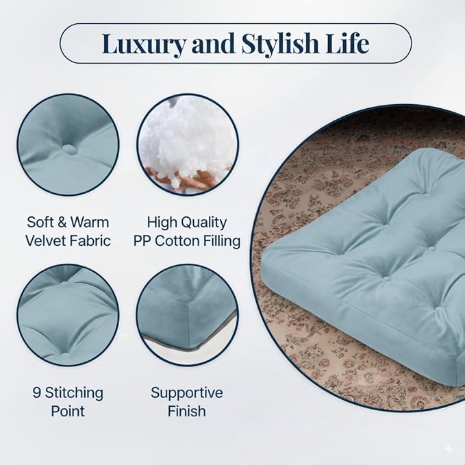 Velvet Floor Pillow Set of 2, Square Large Pillows Seating for Adults, Tufted Cushions for Meditation, Yoga Tatami Living Room Chair, Machine-Washable & Dryer-Safe, Pastel Blue, 22x22 Inch