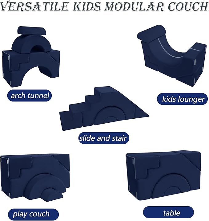 MeMoreCool Modular Kids Sofa, Foam Couch Sofa with Slide & Stair Design, Convertible Kids Couch for Playroom, Sectional Child Furniture for Bedroom Living Room, Navy