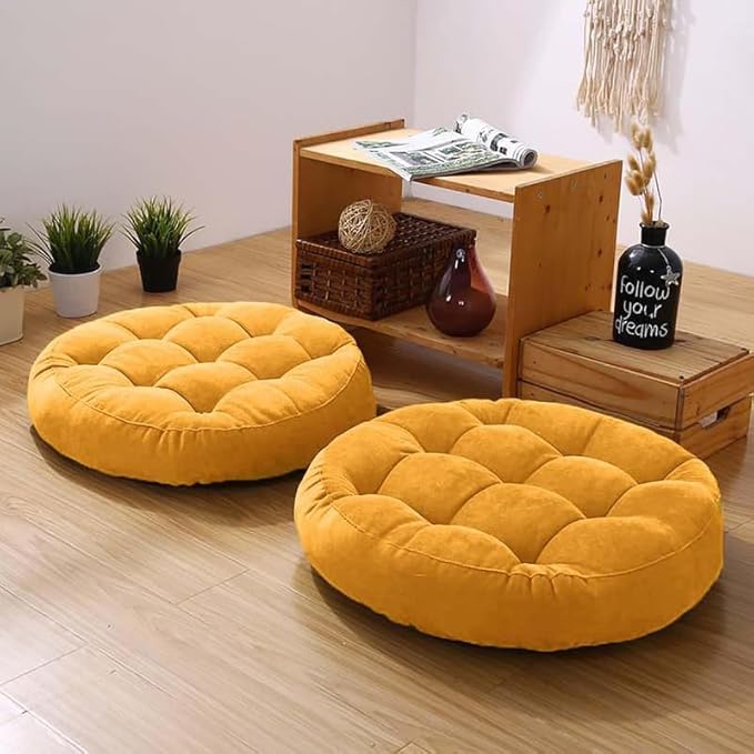 Gfobip Meditation Floor Pillow Set of 2 Large Round Floor Cushions for Adults Tufted Corduroy Floor Seat Pillows Cushion for Living Room,Yellow 16.5" Lx16.5 Wx3 H