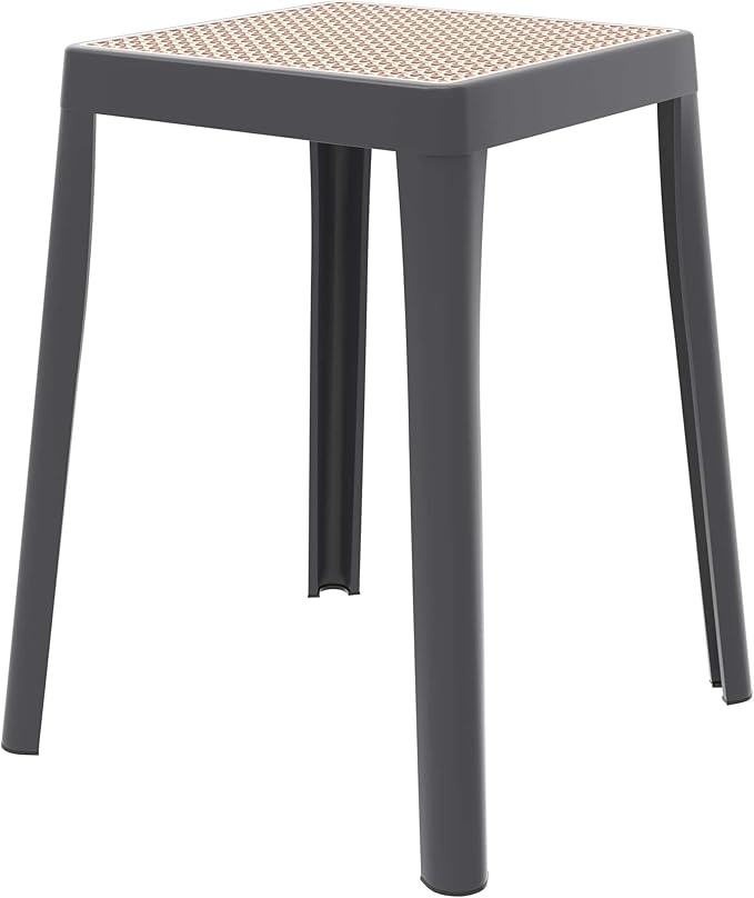 LeisureMod Stackable Square Plastic Dining Stool - Mid-Century Modern Backless Accent Stool with Wicker Top for Kitchen & Dining Room, Grey